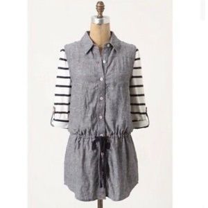 Anthropologie Postal Code Chambray and Stripe Sleeve Button Down Tunic Top